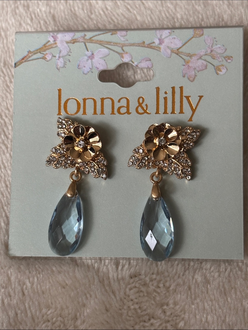 lonna & lilly Gold Floral Earrings with Pale Blue Teardrops
